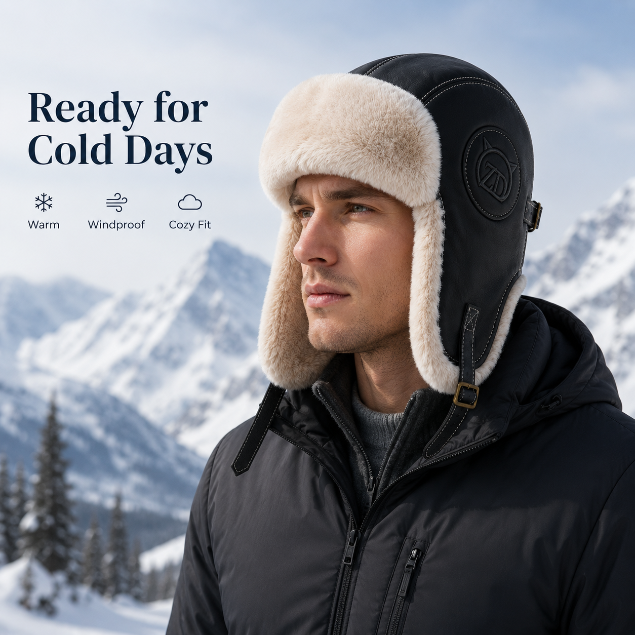 Black plush aviator hat for cold days with warm earflap coverage, faux leather shell, and secure adjustable chin strap