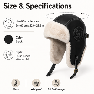 Black plush lined winter hat size guide with 56–60 cm / 22.0–23.6 in head circumference and warm full ear coverage