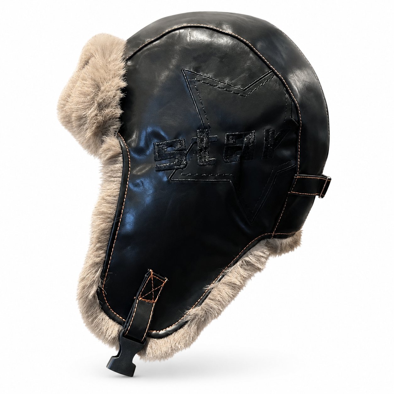 Black PU leather winter trapper hat with gray faux-fur lining, ear flaps, and adjustable fit.