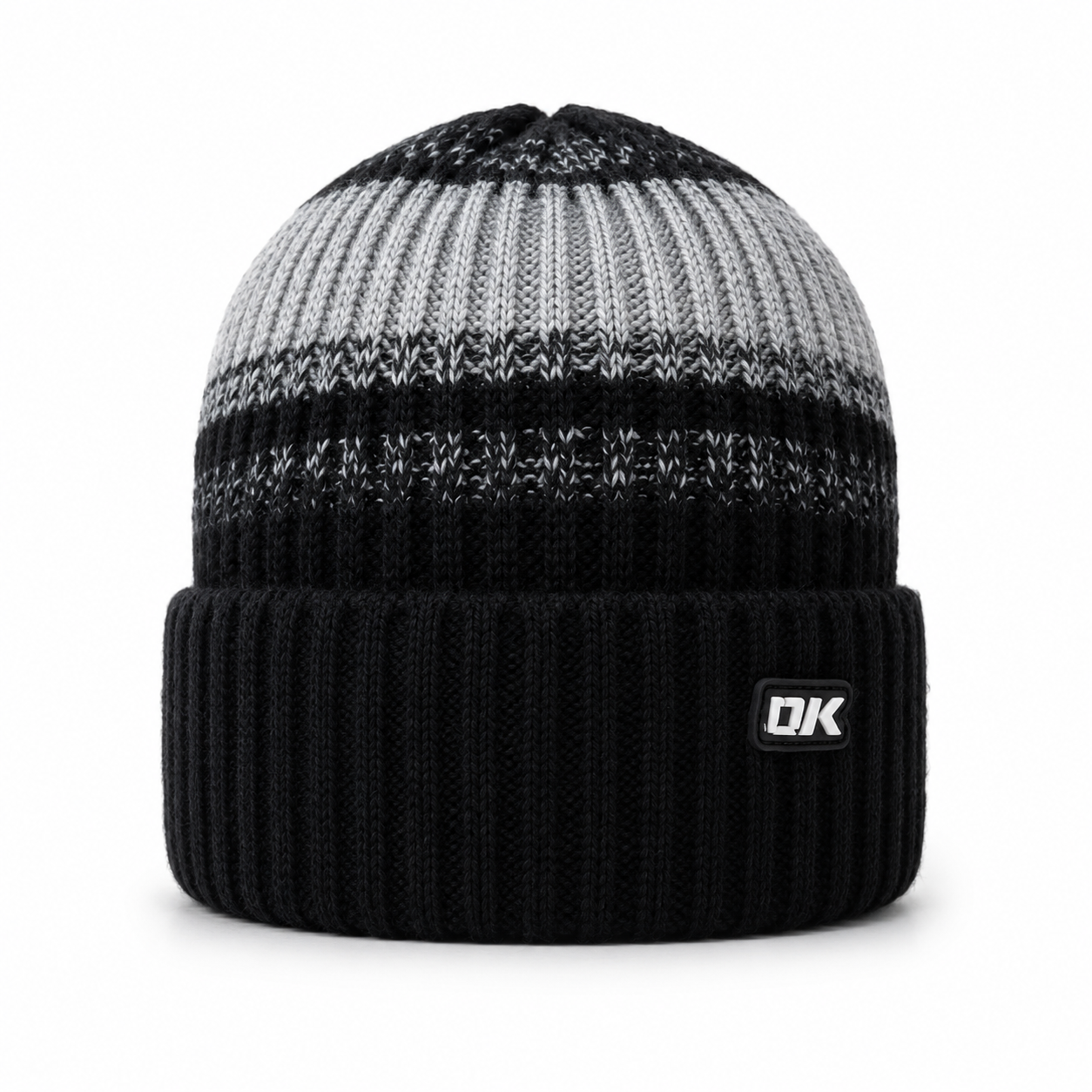 Black thick knit beanie with gray ribbed top accent, soft polyester material, and classic winter hat front view