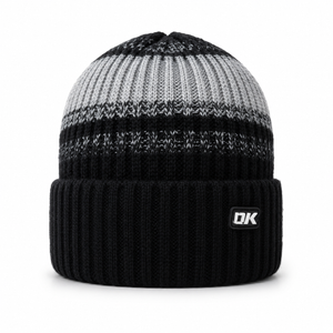 Black thick knit beanie with gray ribbed top accent, soft polyester material, and classic winter hat front view