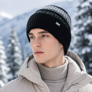 Black thick warm knit beanie with gray ribbed accent, polyester material, stretch fit, and ear-covering winter comfort