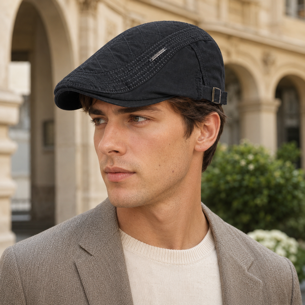 Black vintage British flat cap worn by model with adjustable side buckle and curved brim