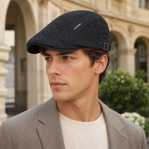 Black vintage British flat cap worn by model with adjustable side buckle and curved brim
