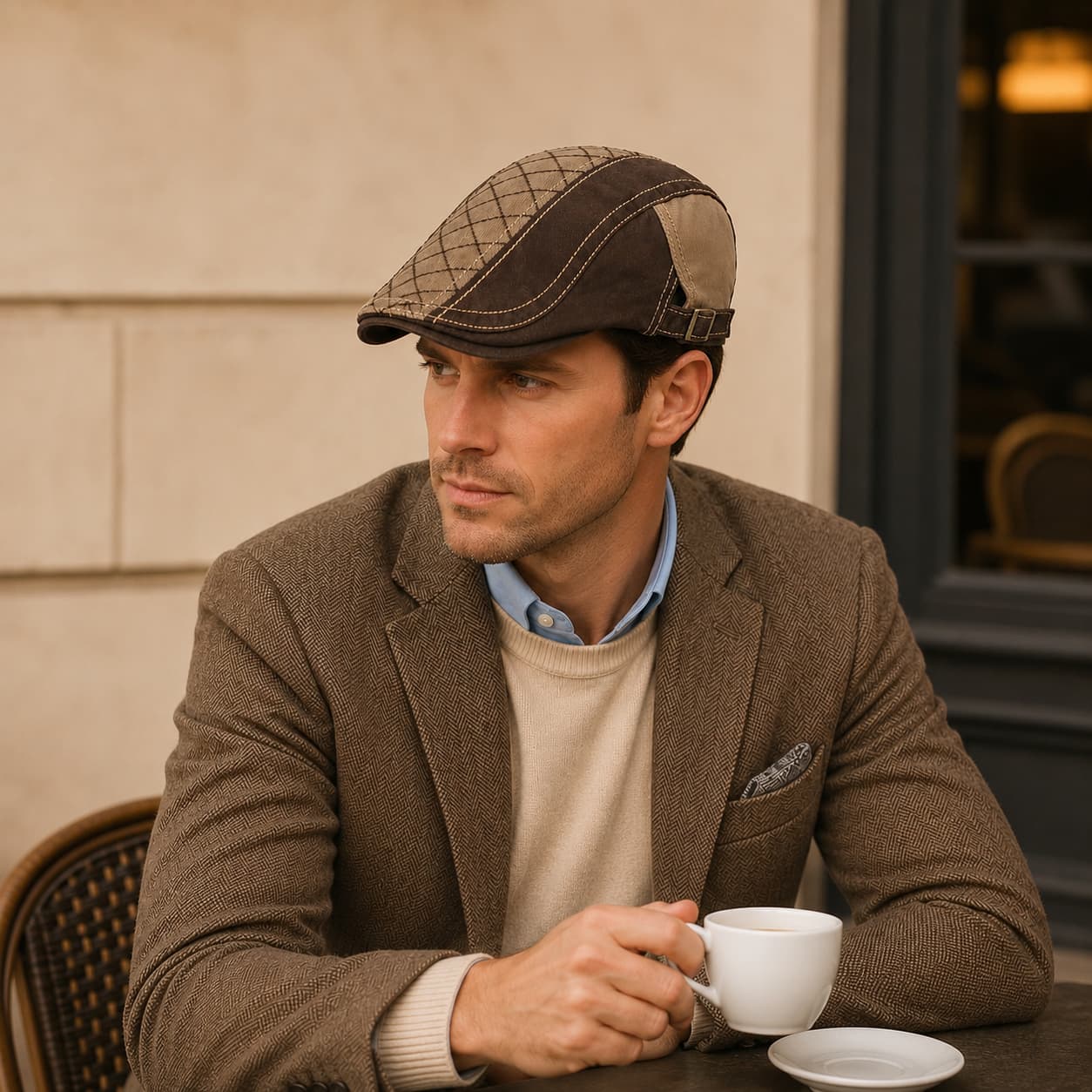 Black vintage cotton flat cap worn with old money style outfit