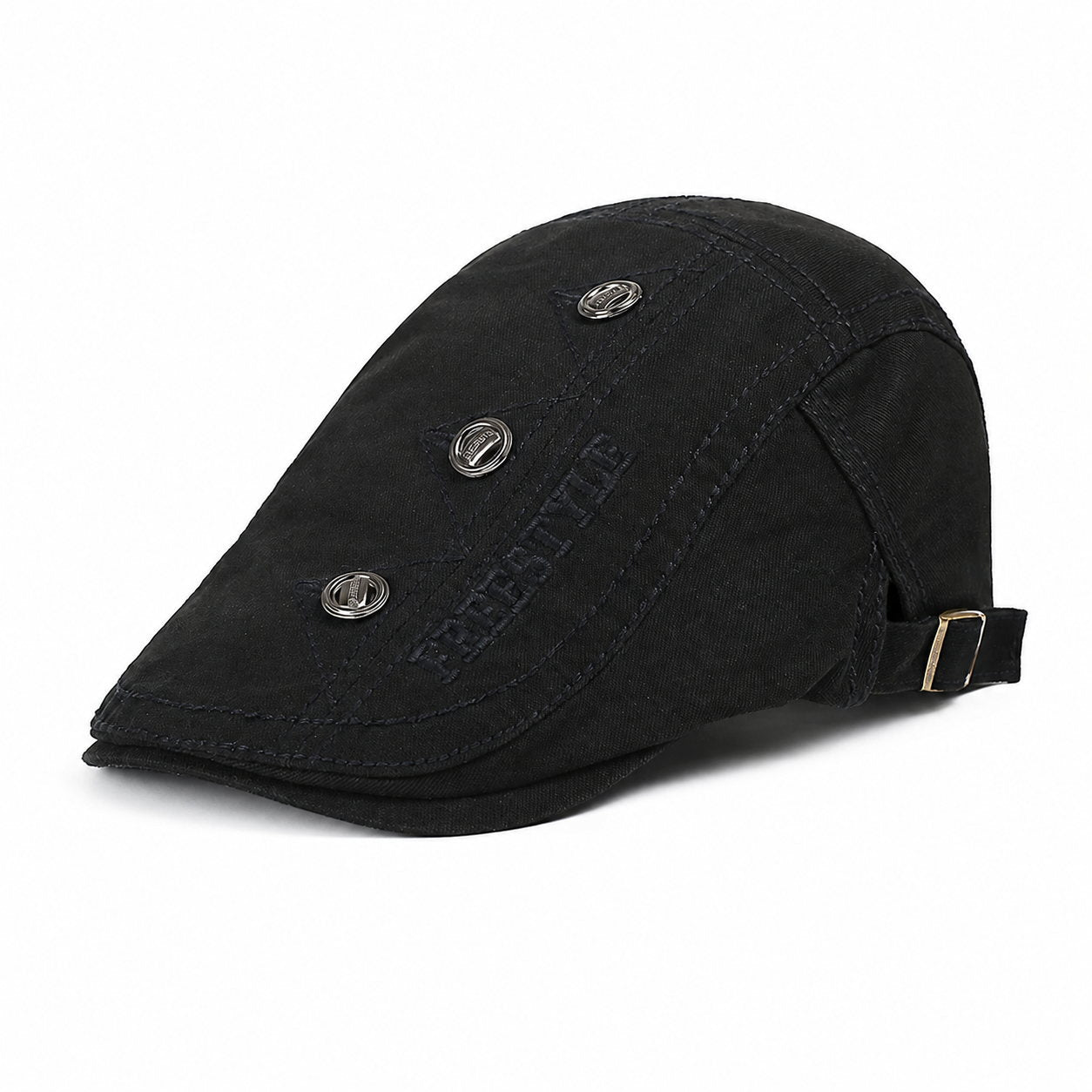 Black vintage flat cap for men with adjustable back buckle, decorative metal button details, and cotton fabric on a clean white background.