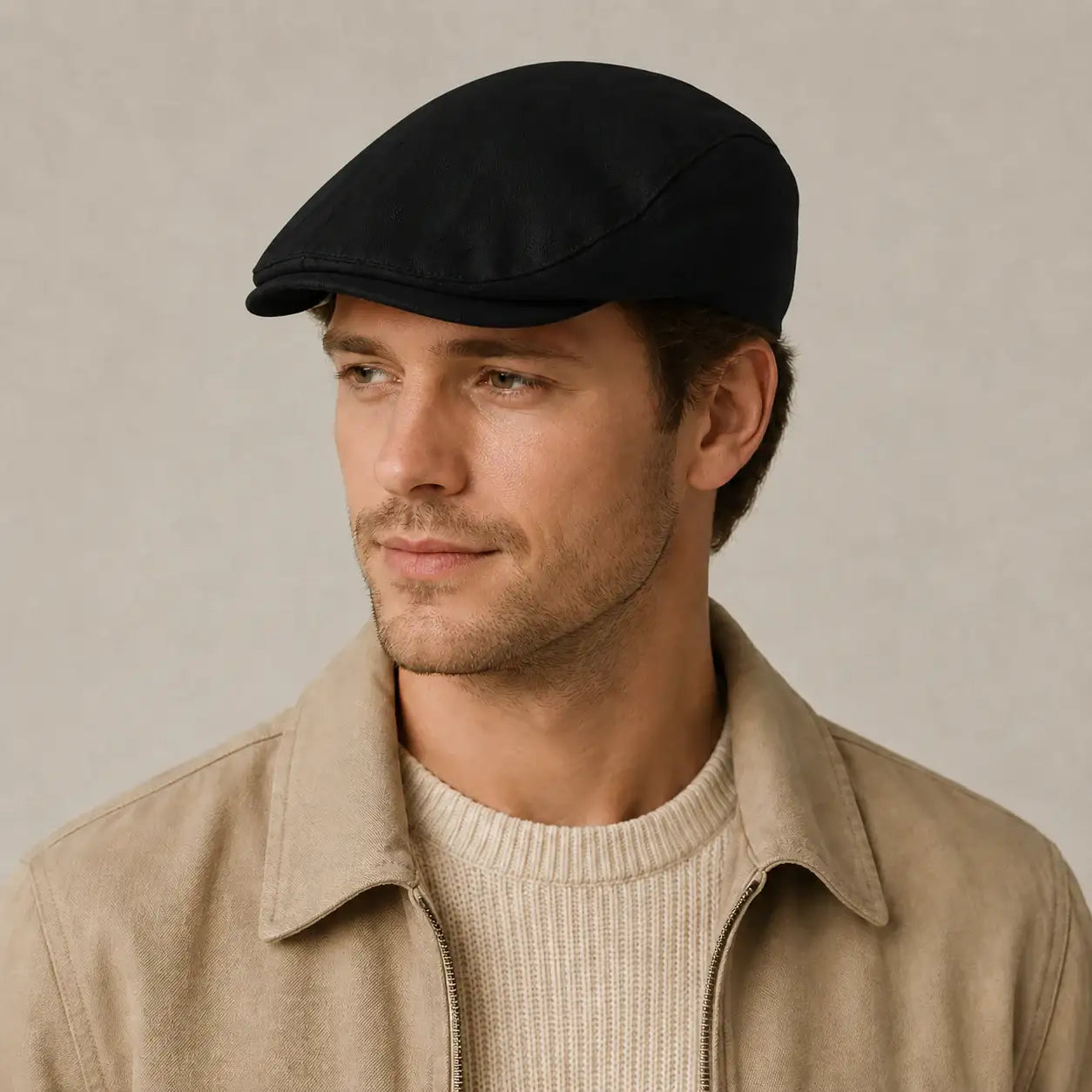 Black vintage flat cap side view with classic curved brim