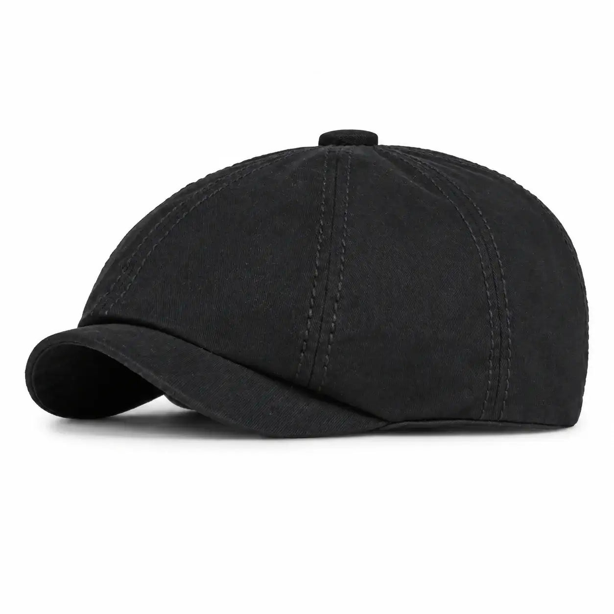 Black vintage newsboy cap with curved brim and classic stitched cotton design