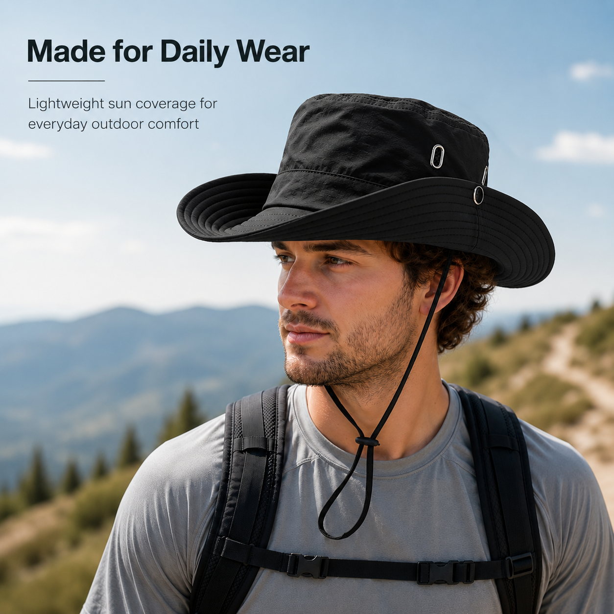 Model wearing black wide brim outdoor sun hat with adjustable chin cord for daily wear and outdoor sun coverage.