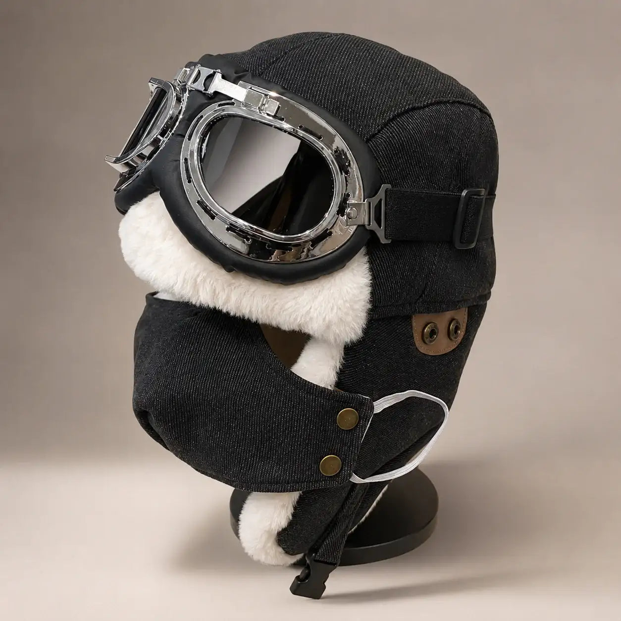 Black winter outdoor aviator hat with detachable goggles fleece lining and face cover