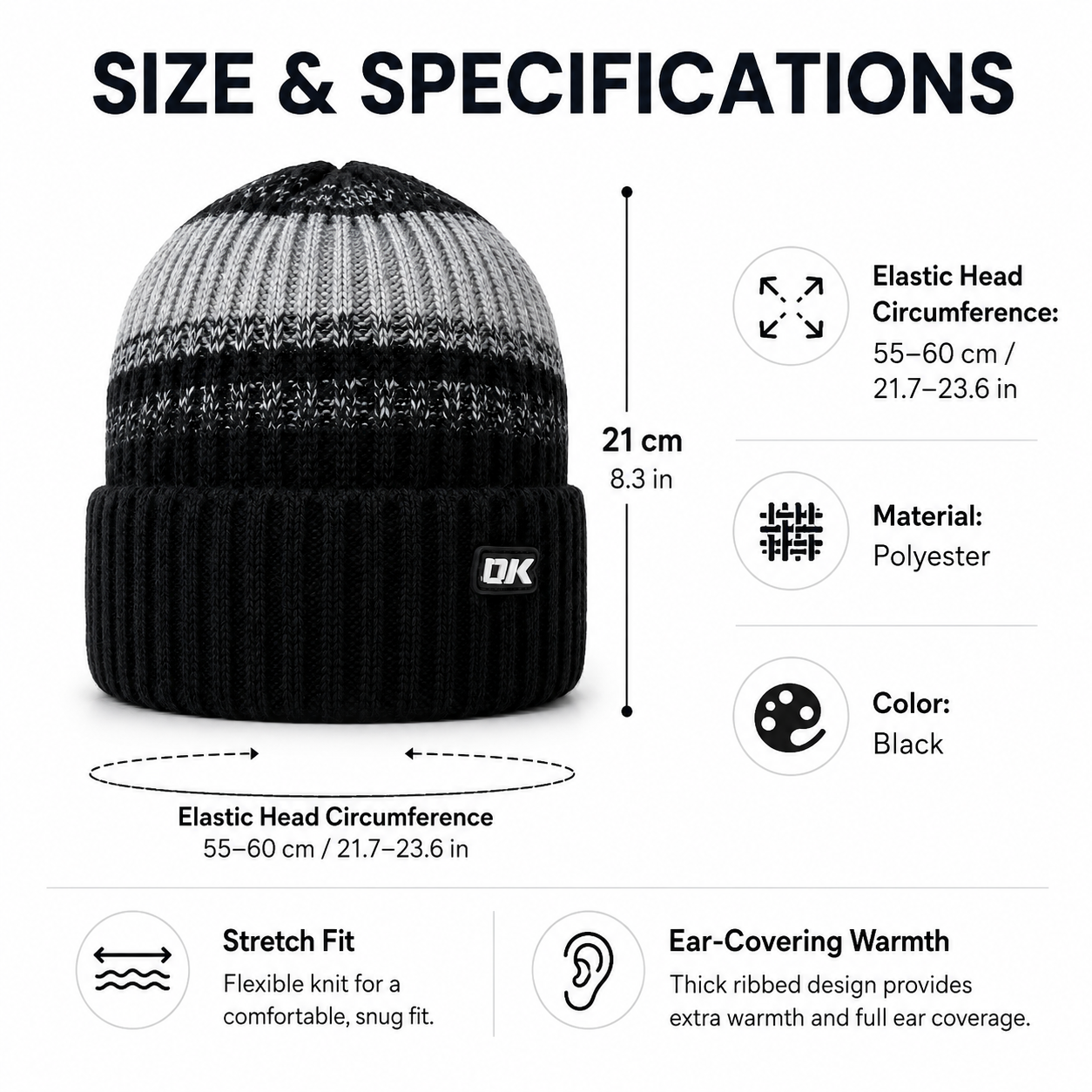 Black winter knit beanie size guide showing elastic 55–60 cm / 21.7–23.6 in head circumference and 21 cm height