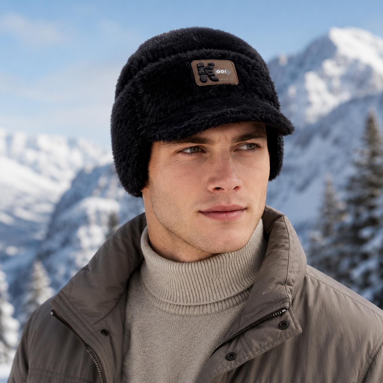 Black winter plush earflap baseball cap with soft polyester fabric, ear-covering warmth, and adjustable adult fit