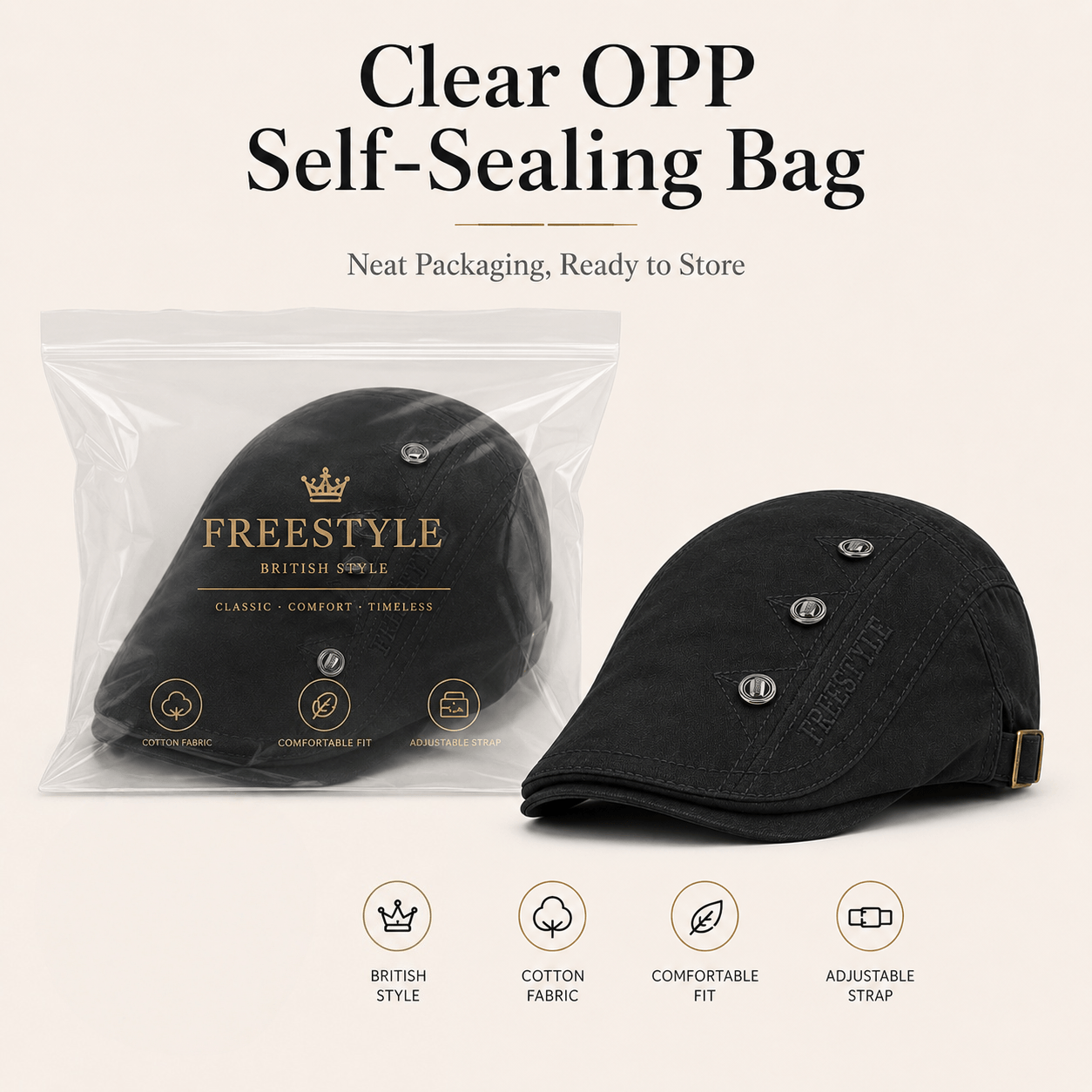 Clear OPP self-sealing bag packaging for a black British style flat cap, shown with the cap outside the package and product feature icons.