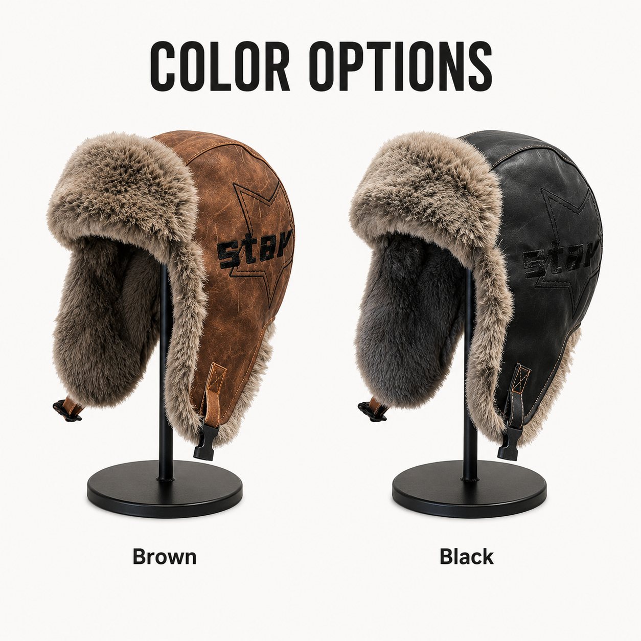 Brown and black men’s winter trapper hats displayed as color options with faux-fur lining.