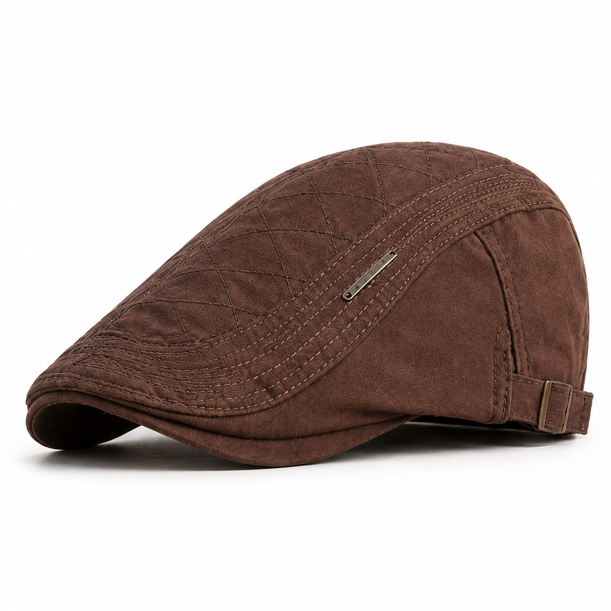 Brown men's adjustable quilted flat cap with classic ivy silhouette and clean white background.