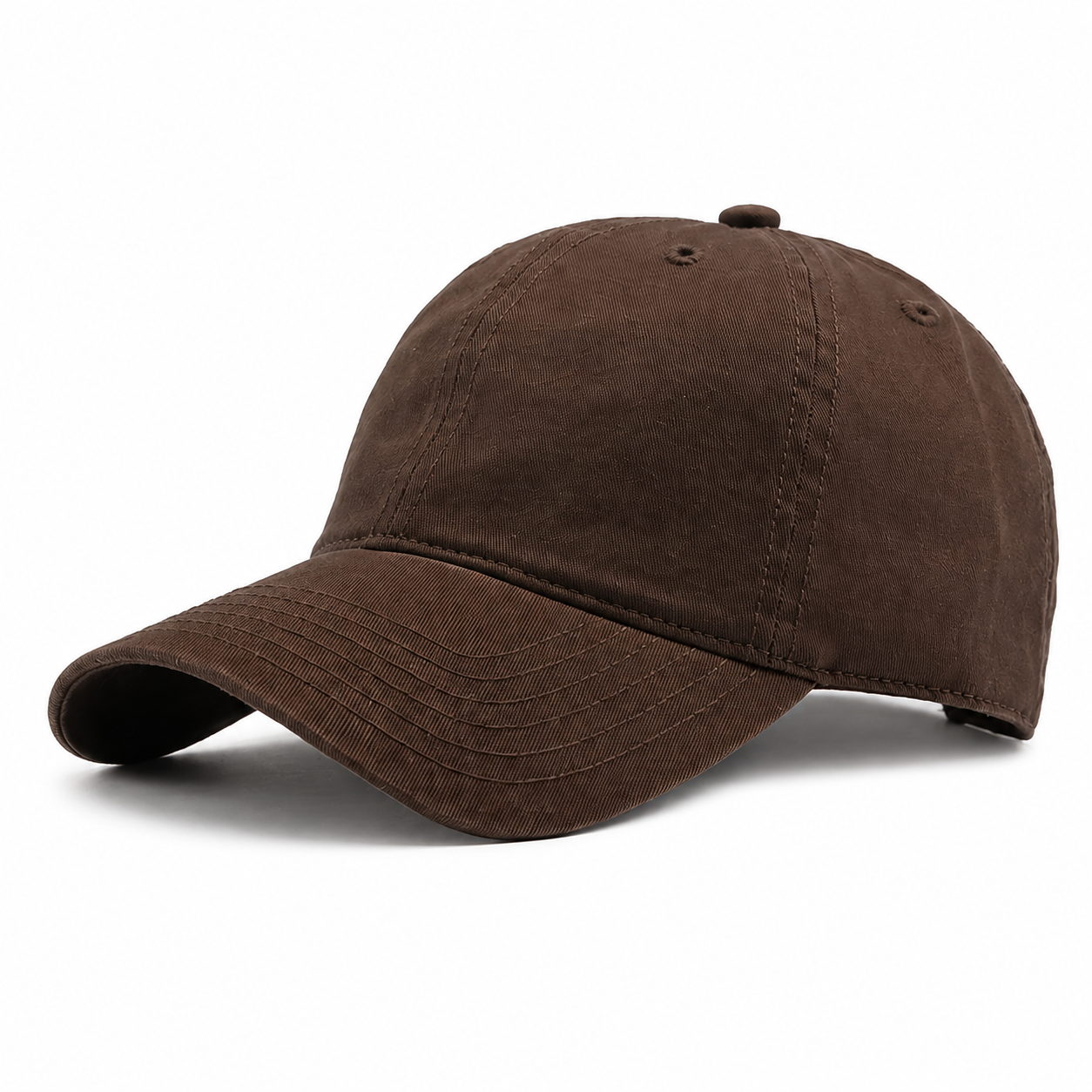 Brown men's cotton baseball cap with a curved brim, breathable eyelets, and classic casual style on a white background.