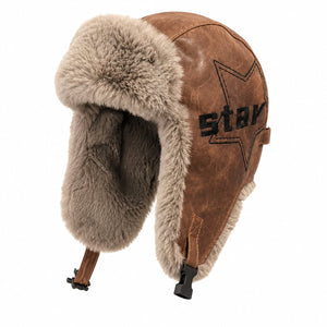 Brown PU leather winter trapper hat close-up with plush faux-fur lining and embroidered star detail.