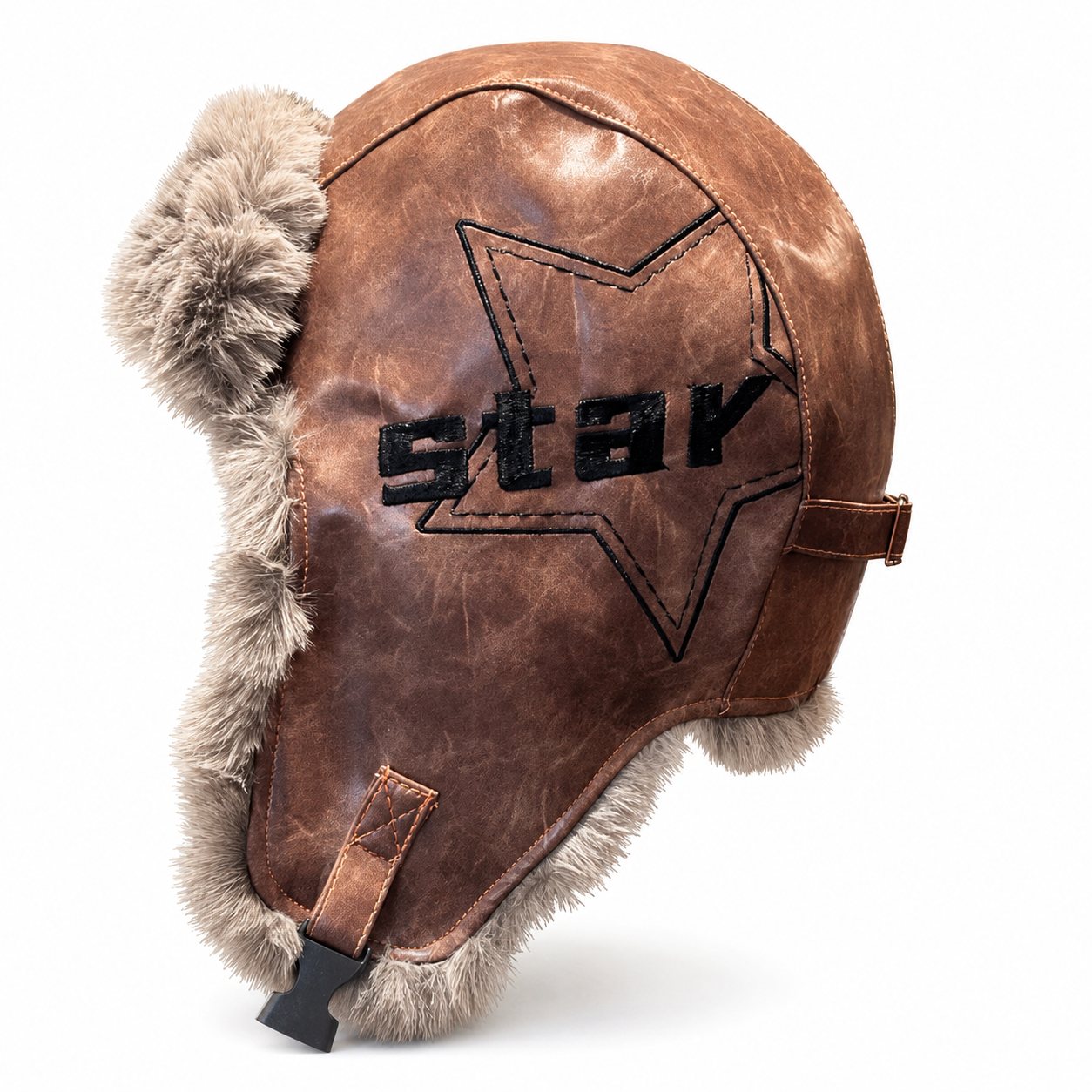 Brown PU leather winter trapper hat with gray faux-fur lining, ear flaps, and adjustable fit.