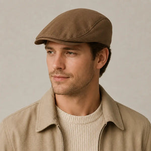 Brown vintage flat cap worn by model for classic everyday style