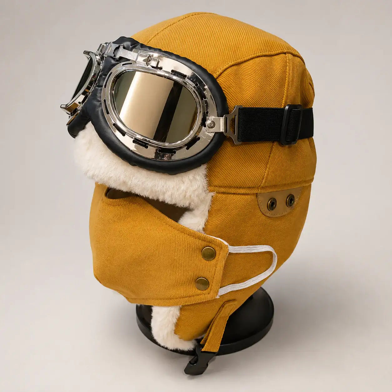 Brown winter outdoor aviator hat with detachable goggles fleece lining and face cover