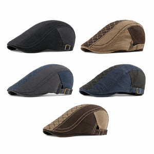 Three flat cap color options shown in black, gray, and khaki