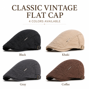 Classic vintage British flat cap available in Black, Khaki, Gray, and Coffee