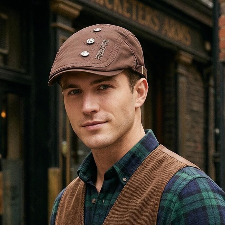 Male model wearing a coffee brown British style flat cap with a plaid shirt and brown vest in a classic street setting.