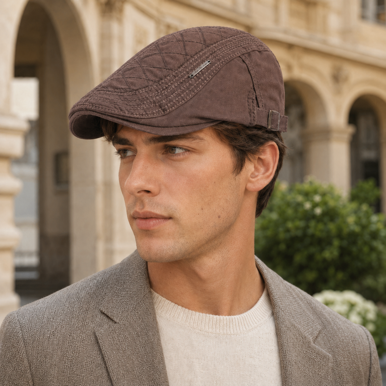 Coffee vintage British flat cap worn by model with British-inspired everyday style