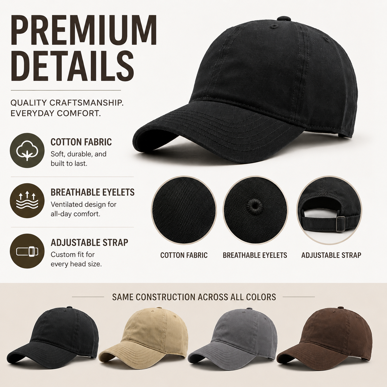Premium detail view of black cotton baseball cap with breathable eyelets, cotton fabric and adjustable strap.