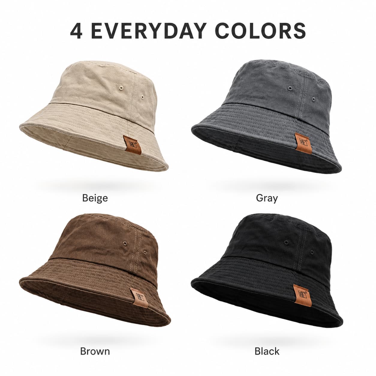 Four color cotton bucket hats in beige, gray, brown, and black on white background