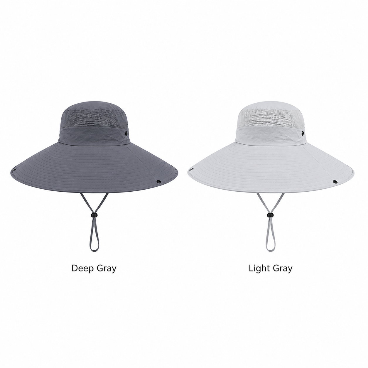 Dark gray and light gray wide brim sun hats on white background