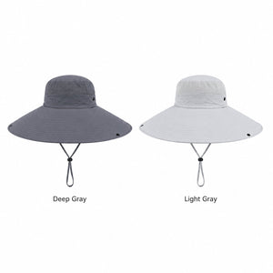 Dark gray and light gray wide brim sun hats on white background