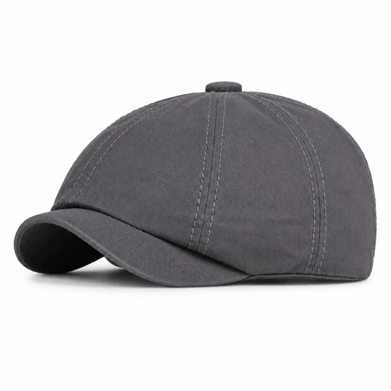 Dark gray vintage newsboy cap with curved brim and elastic back fit