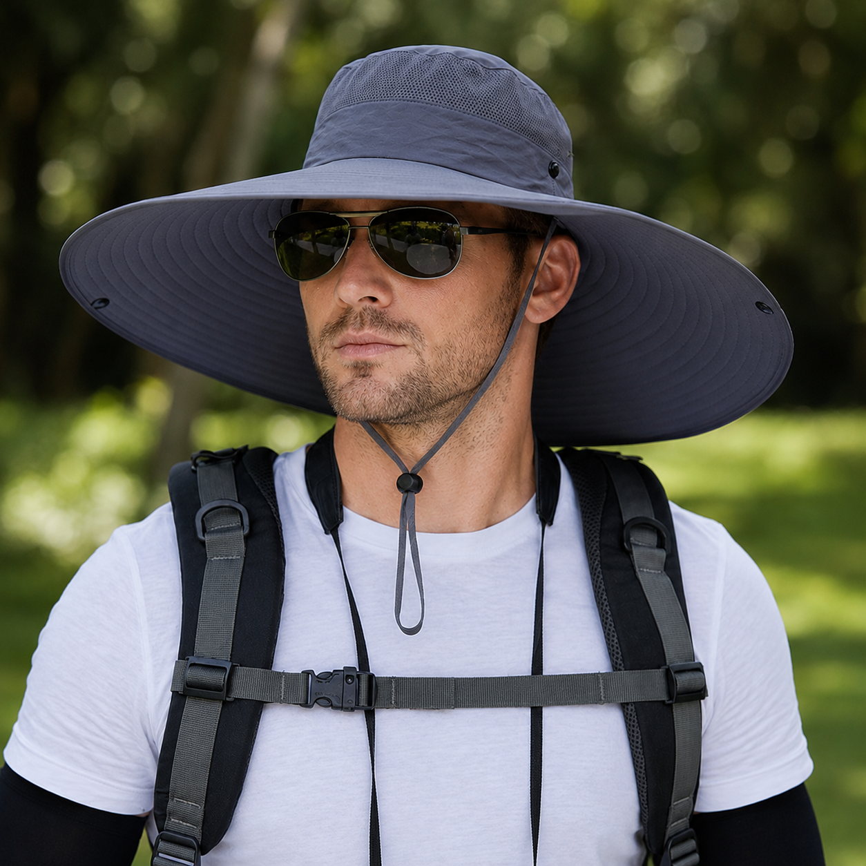 Male model wearing dark gray wide brim sun hat in an outdoor scene