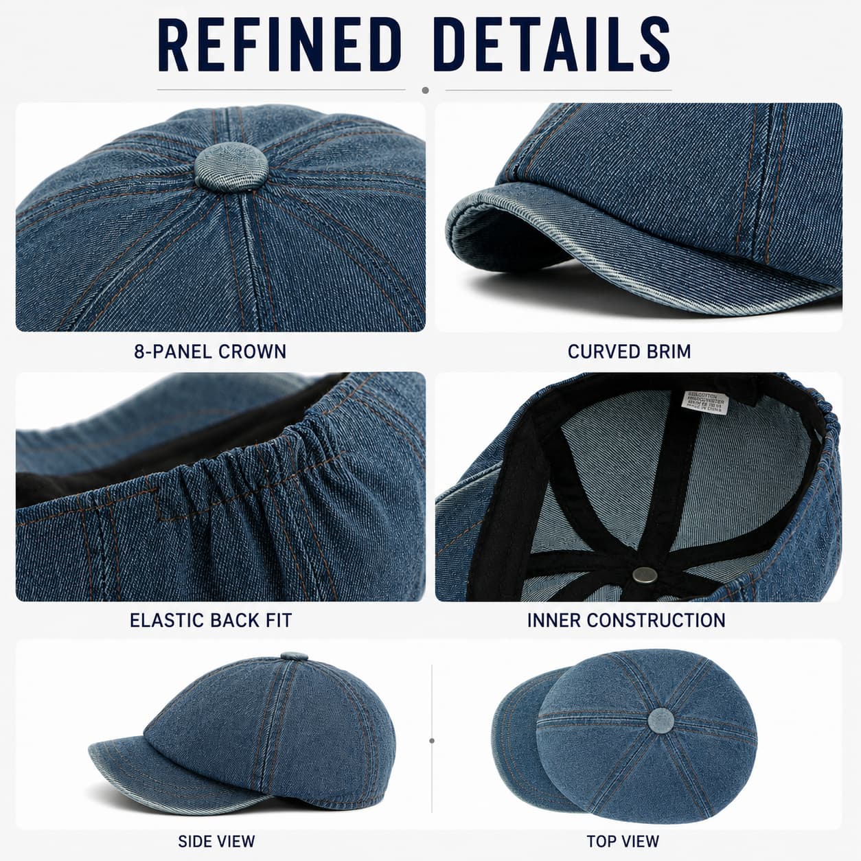 Detail collage of washed denim newsboy cap construction and brim