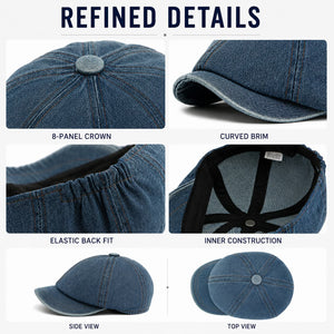 Detail collage of washed denim newsboy cap construction and brim