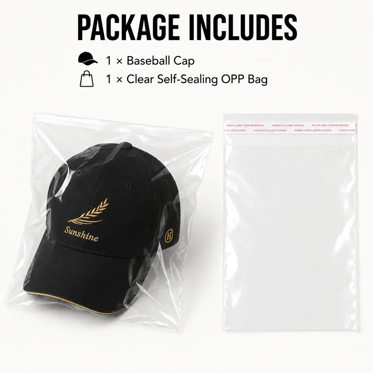 Black embroidered baseball cap with clear self sealing OPP bag packaging