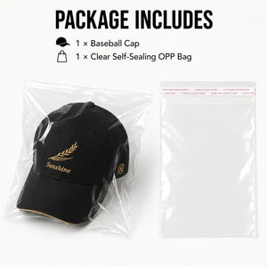 Black embroidered baseball cap with clear self sealing OPP bag packaging