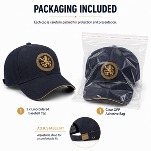 Embroidered baseball cap packaging with clear OPP adhesive bag and adjustable fit details