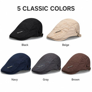 Five classic cotton flat cap color options on a white background