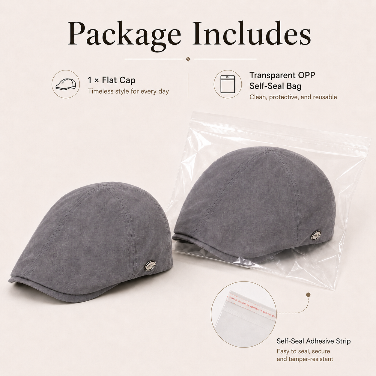 Gray flat cap package includes one cap and one transparent OPP self-seal bag for storage and shipping.
