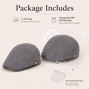 Gray flat cap package includes one cap and one transparent OPP self-seal bag for storage and shipping.