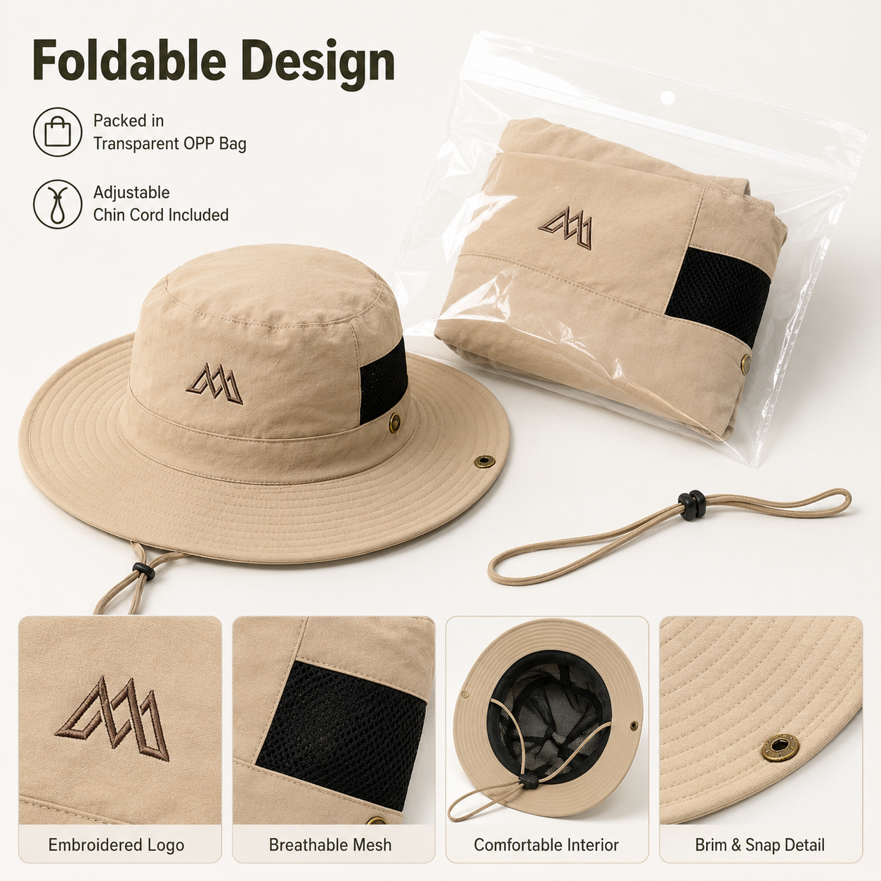 Foldable khaki outdoor bucket hat with transparent OPP bag, adjustable chin cord, breathable mesh, embroidered logo, and snap brim detail