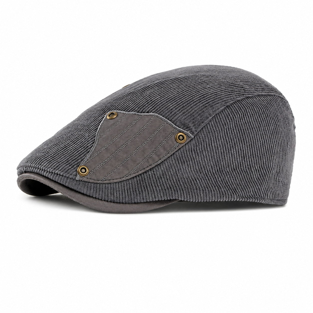 Gray corduroy flat cap on white background for color variant