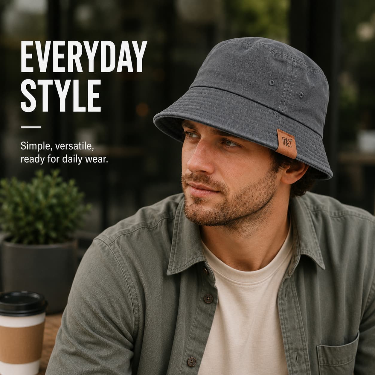 Gray cotton bucket hat styled on model for everyday casual wear