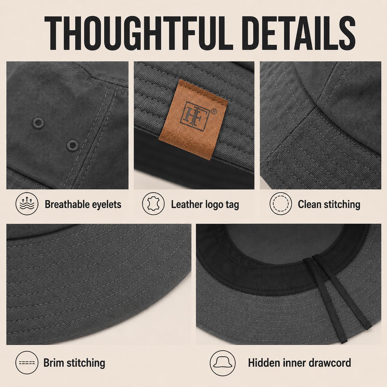 Gray cotton bucket hat detail layout showing breathable eyelets, leather logo tag, stitching, and inner drawcord