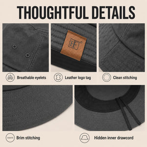Gray cotton bucket hat detail layout showing breathable eyelets, leather logo tag, stitching, and inner drawcord