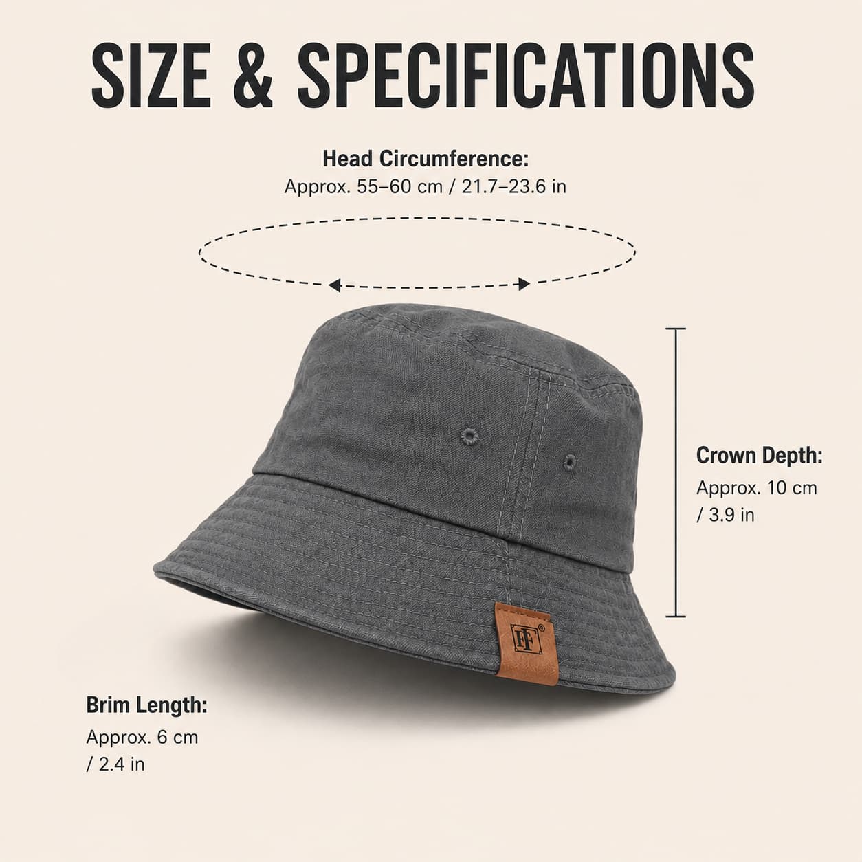 Gray adjustable cotton bucket hat measurement image with brim, crown depth, and head circumference