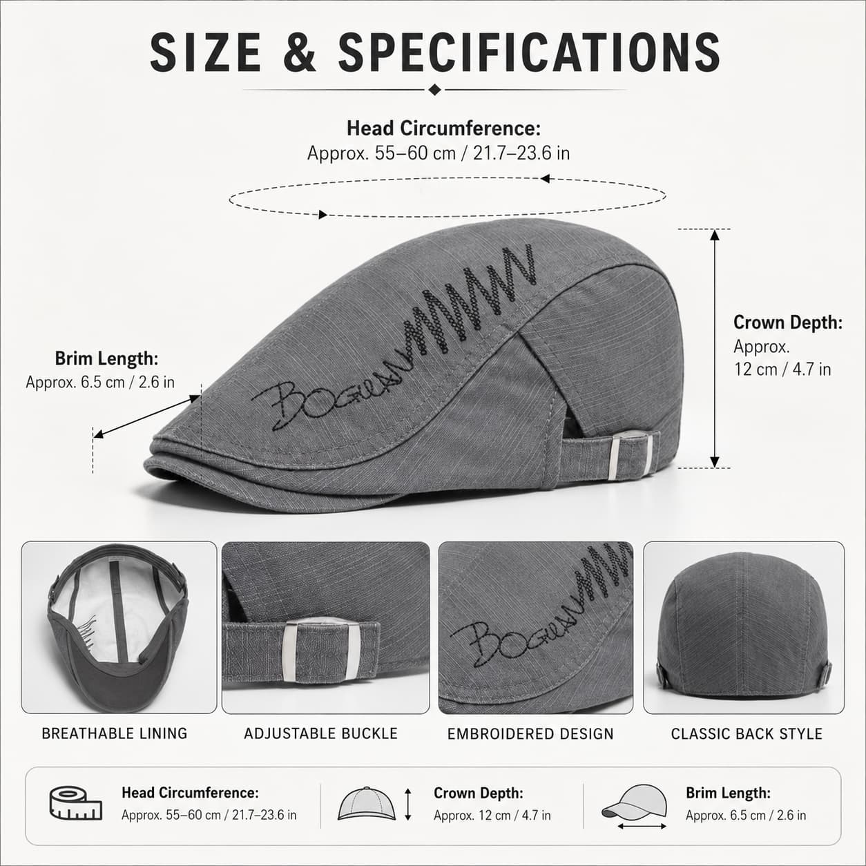 Gray cotton flat cap detail card with embroidery, buckle, and fabric texture