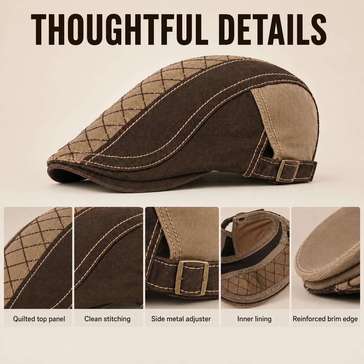 Gray cotton flat cap detail image with embroidered design and texture